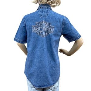 HARLEY-DAVIDSON Blue Denim Fitted Women’s Snap Button Shirt Size Small